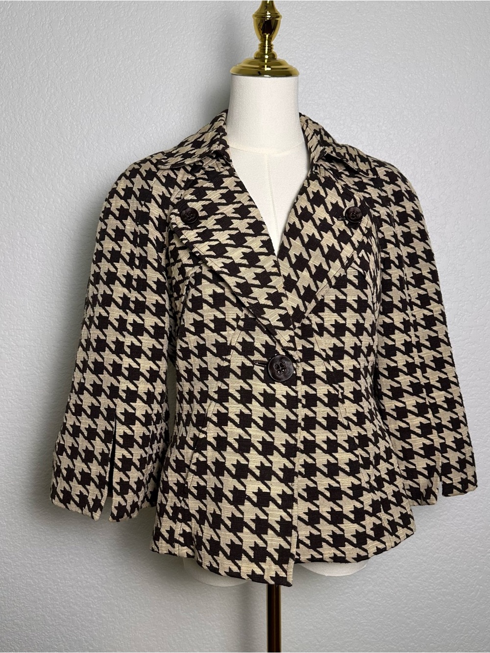 Nine West Black and Cream Houndstooth Peacoat